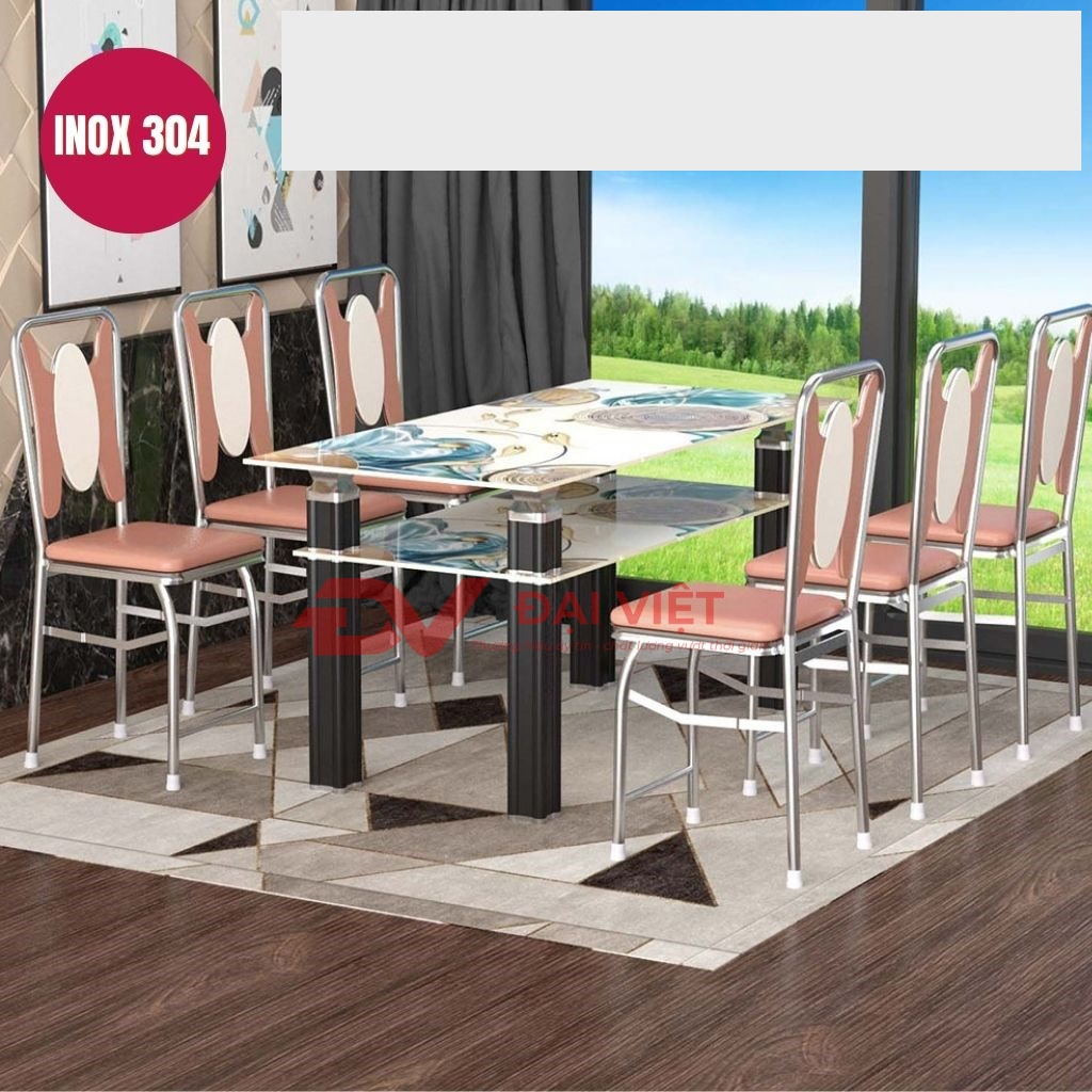 Bo ban kinh 2 tang chan inox 6 ghe GC01
