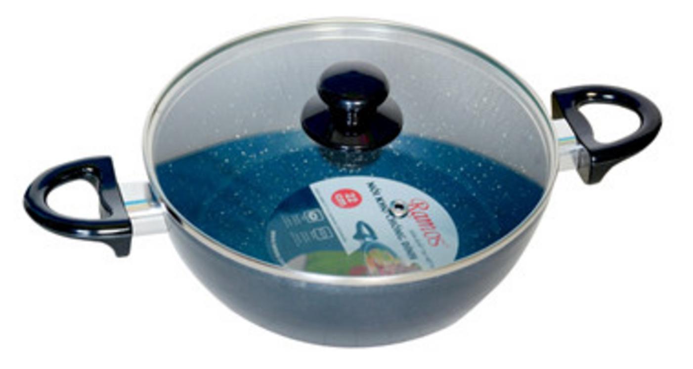 a blue non-stick cooking pot with glass lid on a modern kitchen stove showing steam rising vibrant and clean environment