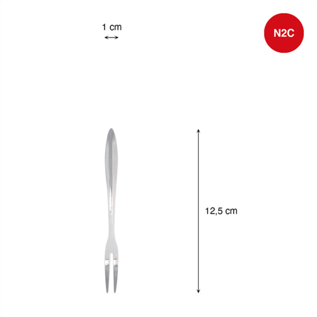 A stainless steel fork with two divided prongs 125mm length shining under kitchen light