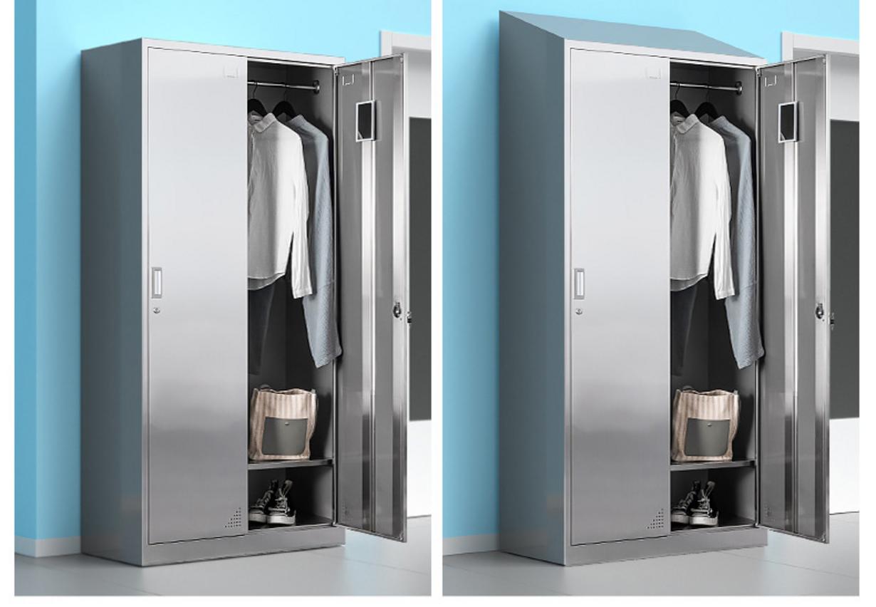 Ảnh chi tiết thông số kỹ thuật tủ quần áo inox 2 cửa mái xéo