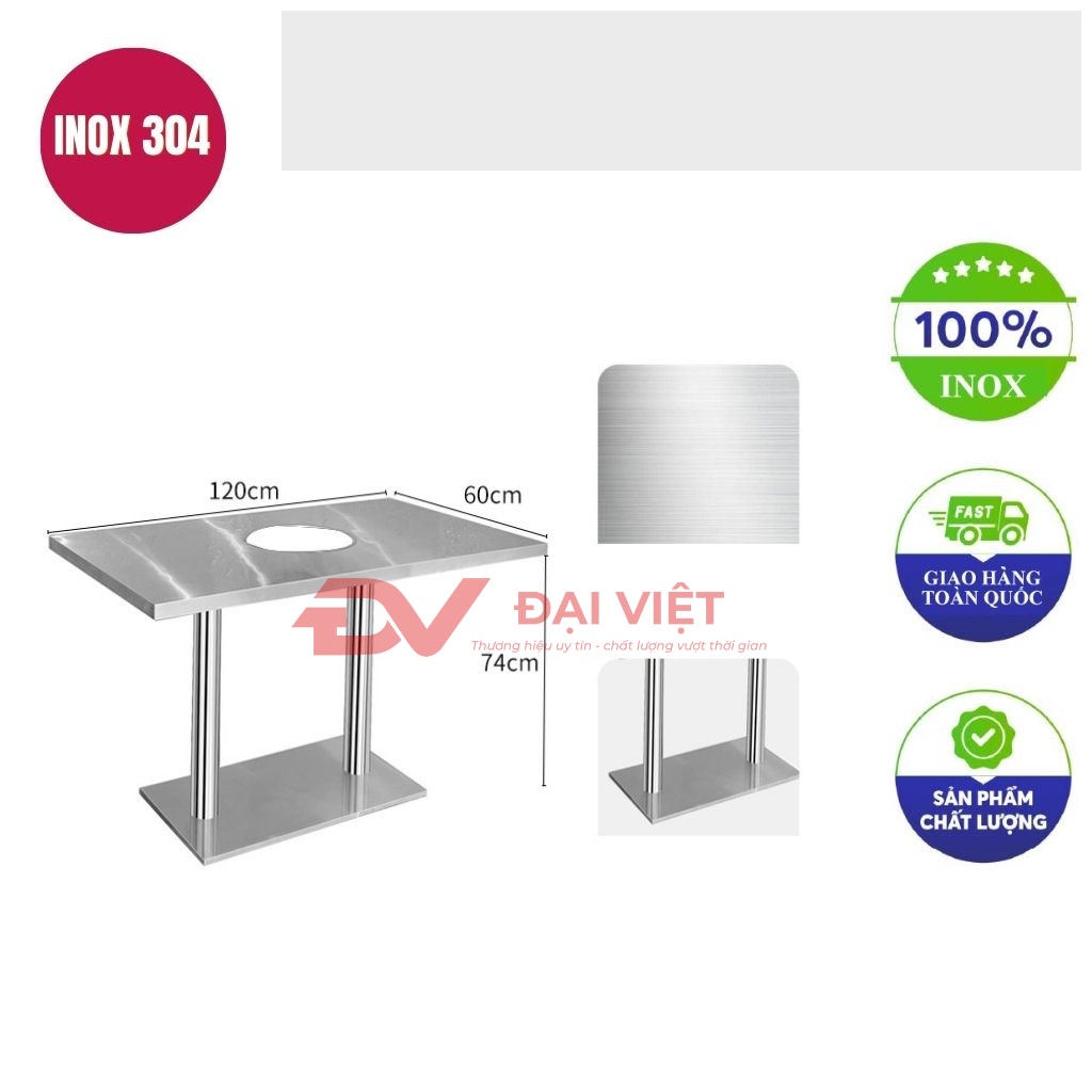 ban inox chu nhat co lo 120x60x74cm
