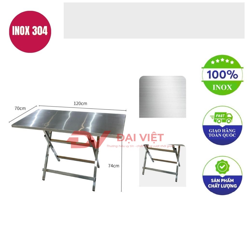 ban inox chu nhat xep gon 120x70x74cm