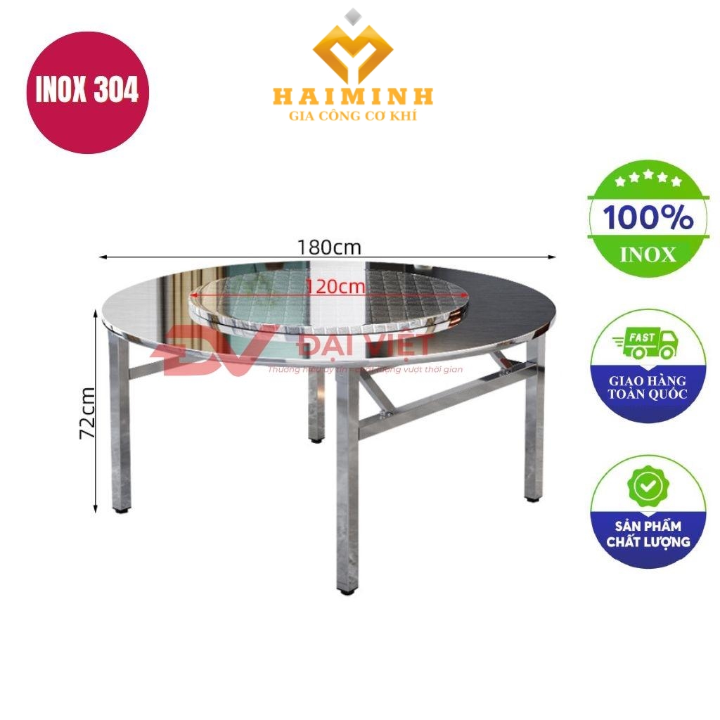 bàn inox tròn 2 tầng có mâm xoay 100x72cm