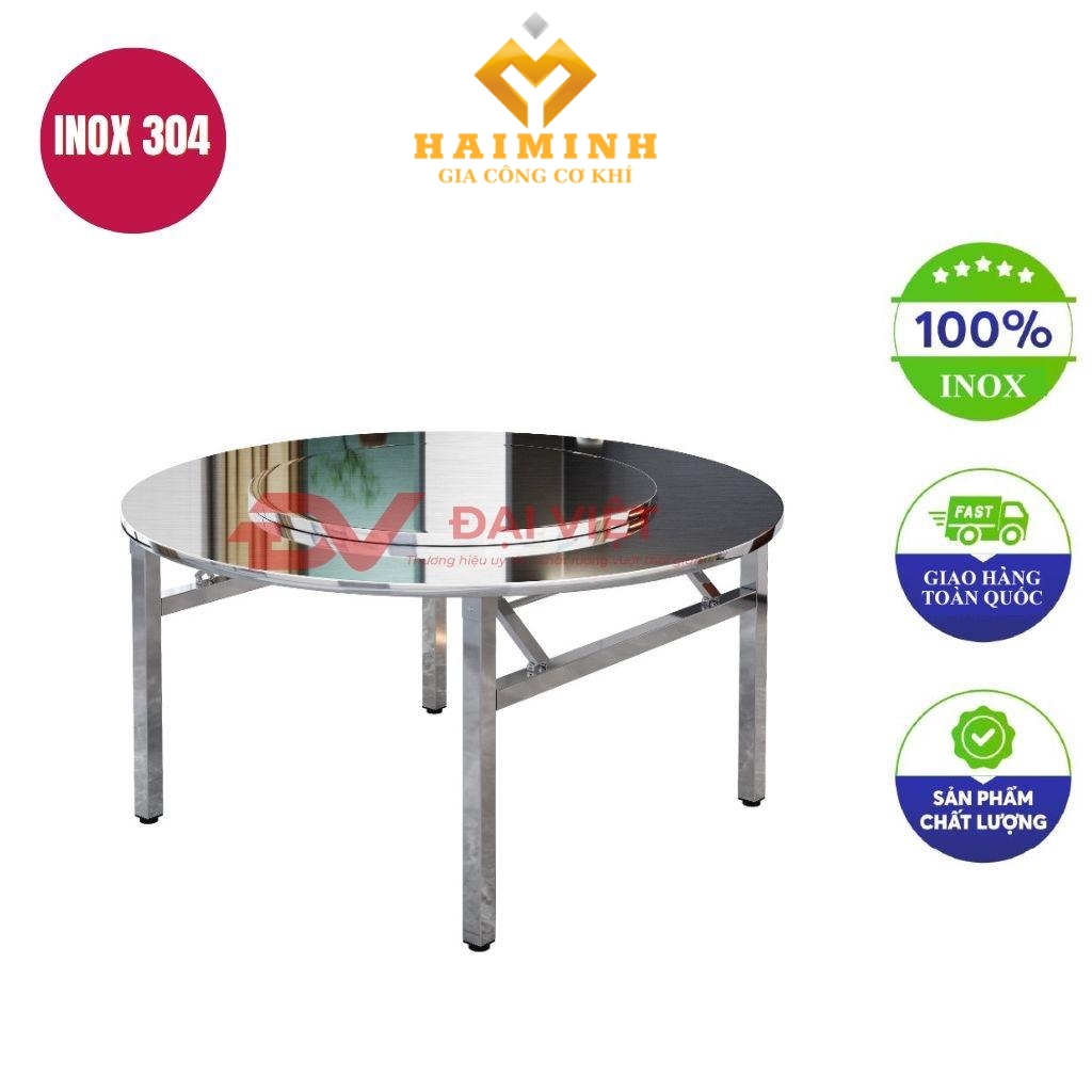 bàn inox tròn 2 tầng có mâm xoay 130x72cm