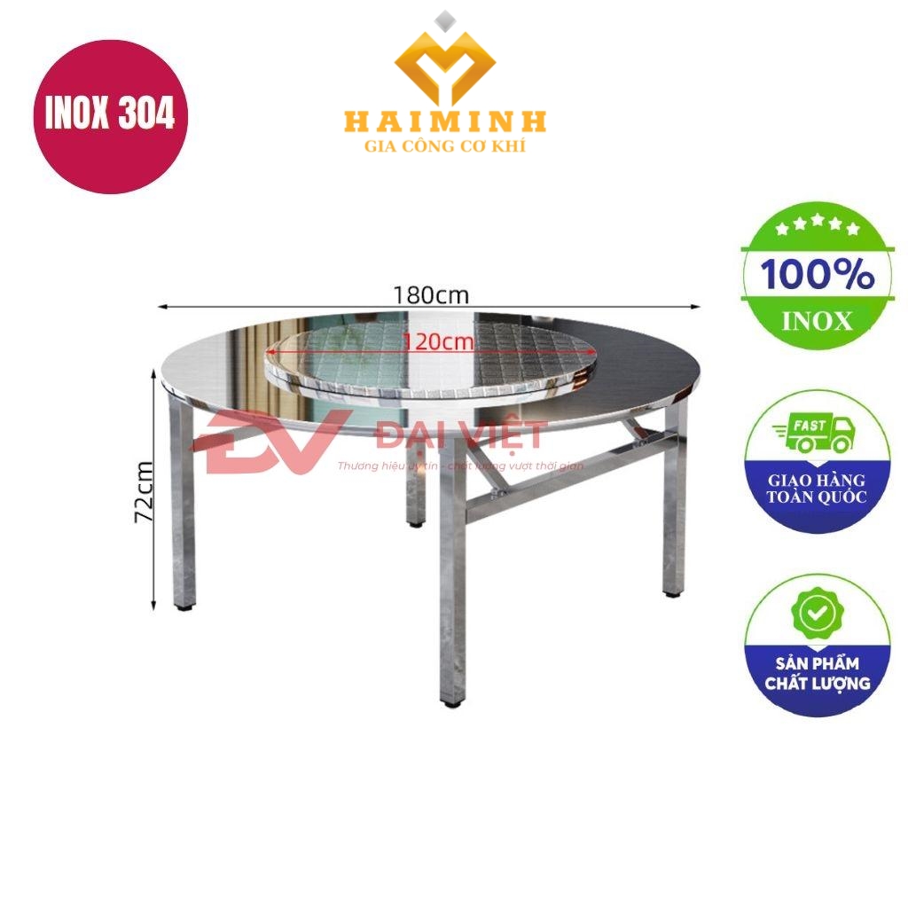 bàn inox tròn 2 tầng có mâm xoay 180x72cm