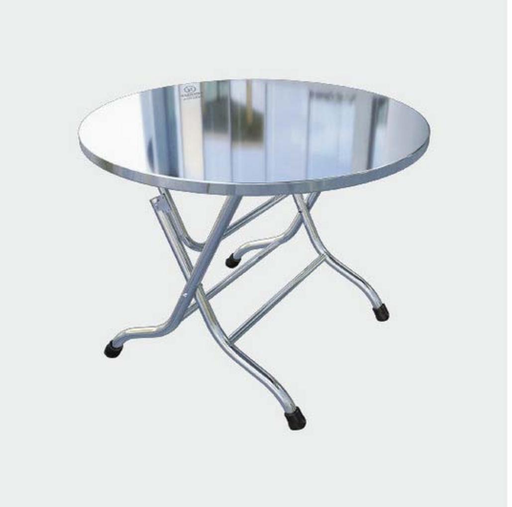 Bàn inox tròn hai tầng với không gian lưu trữ tầng dưới tiện lợi