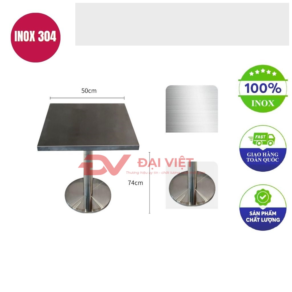 ban inox vuong chan tron 50x50x74cm