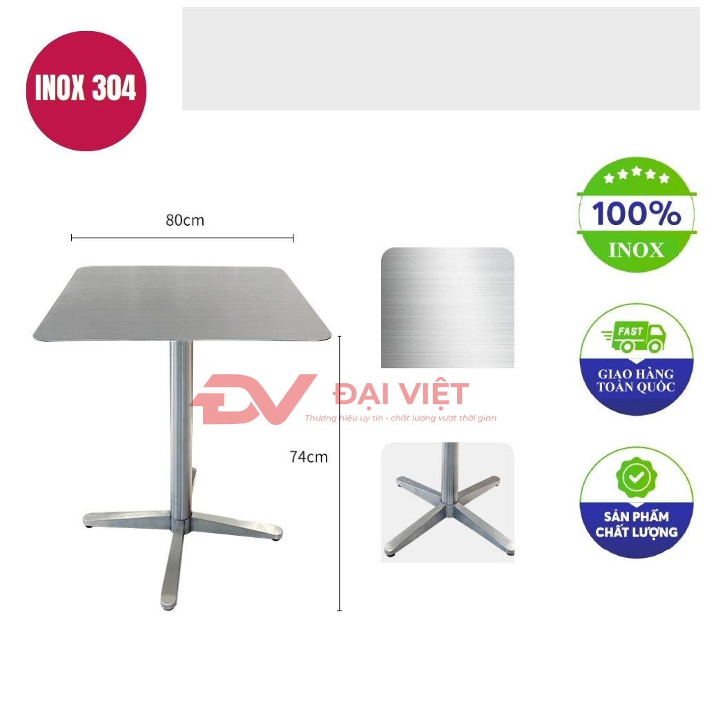 ban inox vuong chan xoe 4 canh 80x80x74cm
