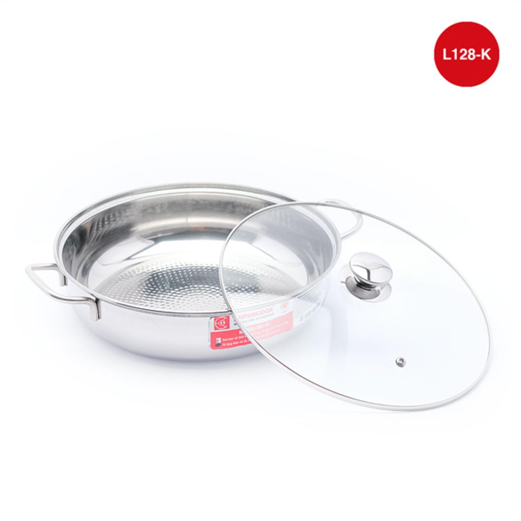 Cận cảnh nồi lẩu inox 28cm với các tính năng nổi bật, đáy nồi, quai cầm và nắp kính cường lực