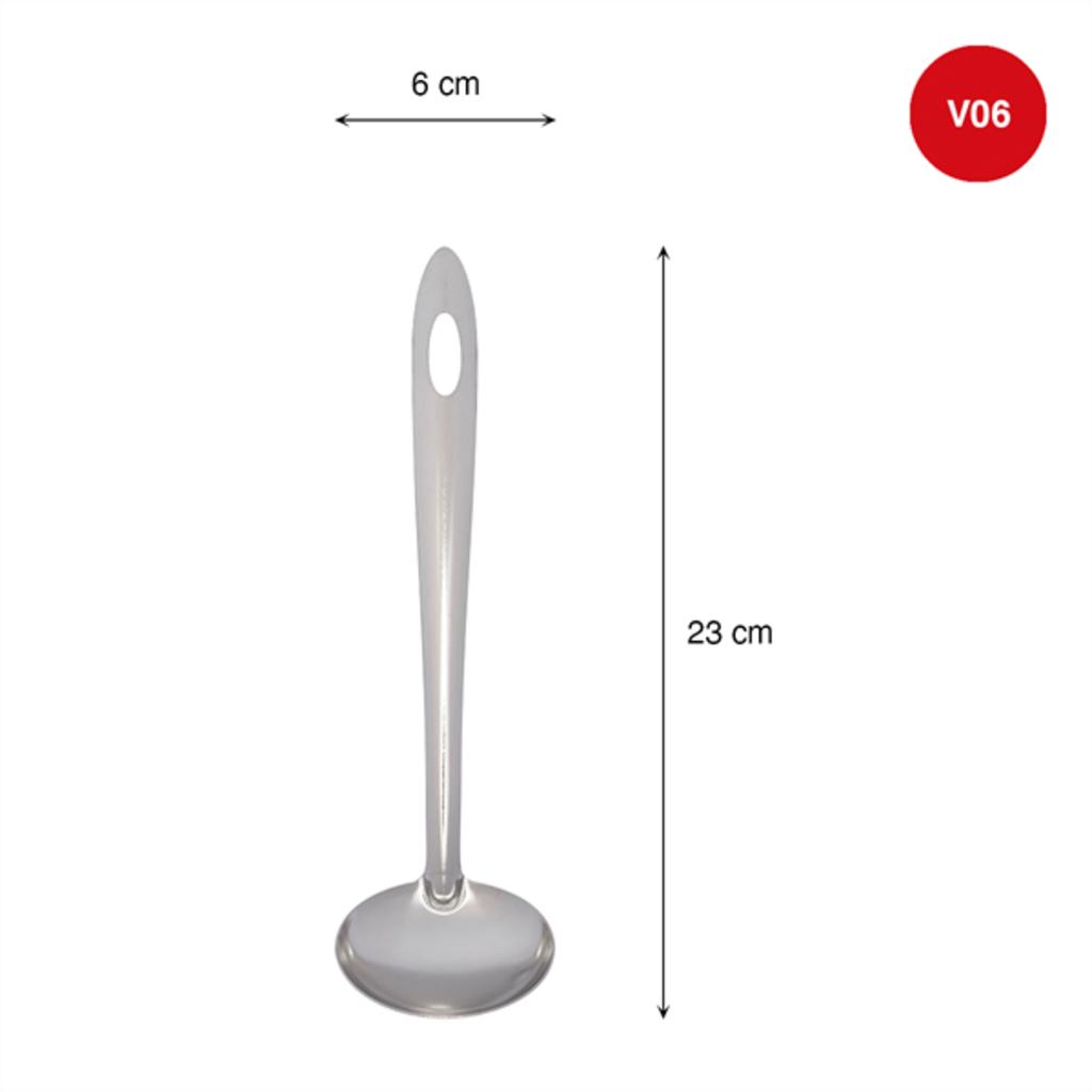 Detailed close up of a stainless steel soup ladle showing smooth surface and ergonomic handle
