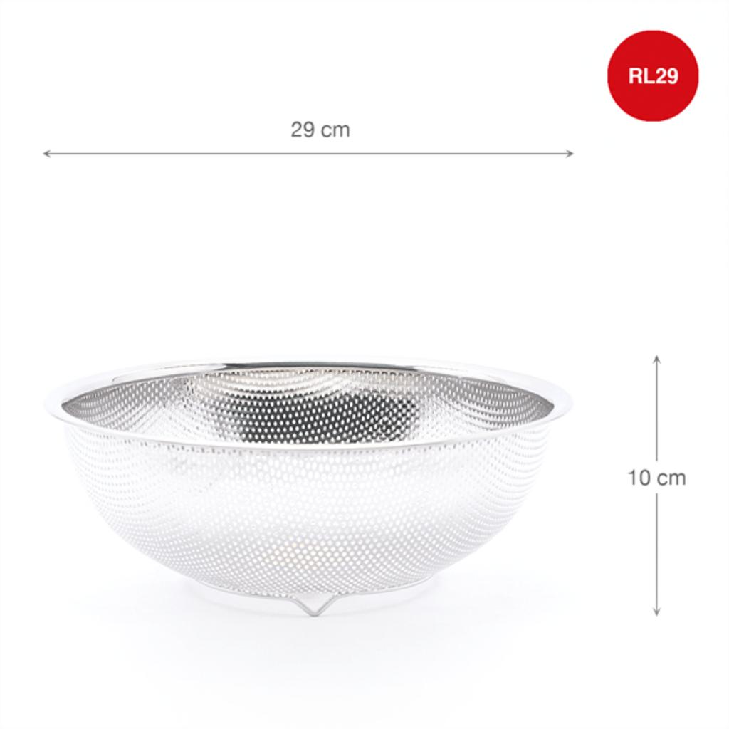 High quality stainless steel kitchen colander with fine mesh 29cm diameter modern kitchen background
