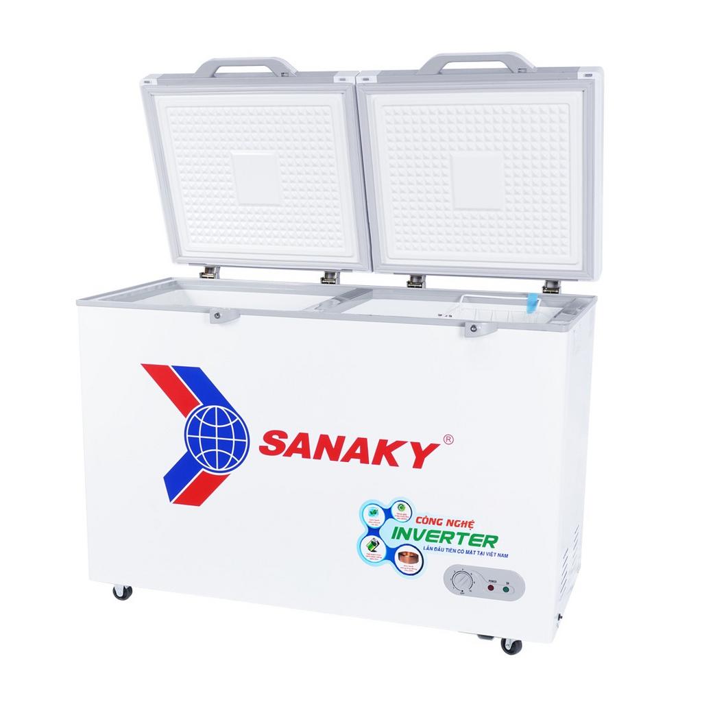 Hình ảnh minh họa các ưu điểm của tủ đông Sanaky với biểu tượng tiết kiệm điện dàn đồng kính cường lực