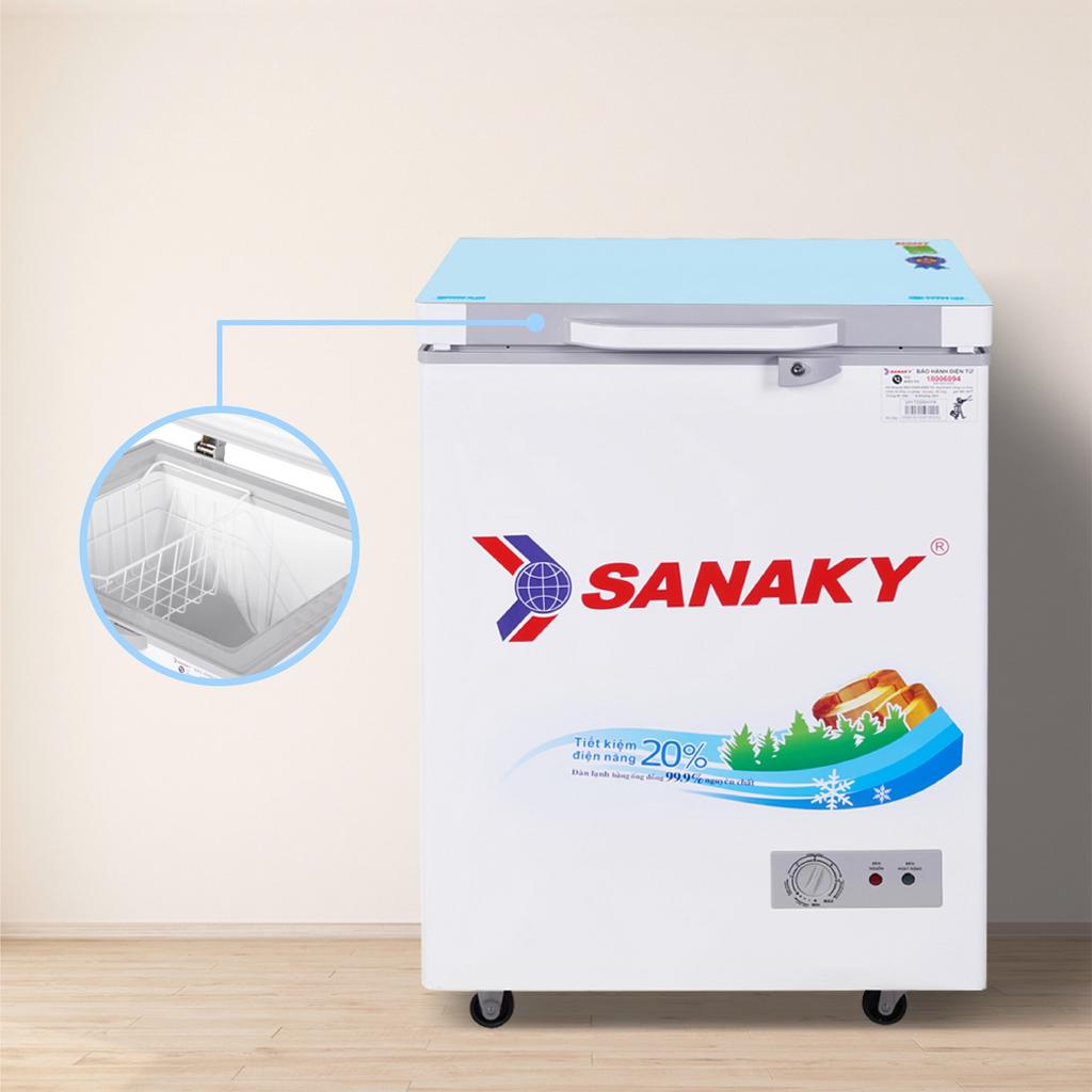 Hình minh họa các ưu điểm của tủ đông Sanaky VH-1599HYKD như dàn đồng kính cường lực khóa từ và bánh xe tiện lợi