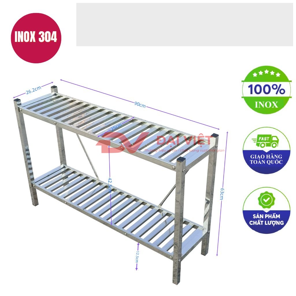 ke inox 2 tang thanh nan 900x260x630mm