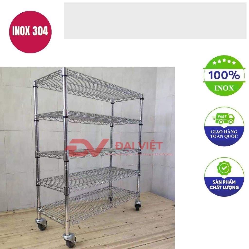 ke inox 5 tang co banh xe