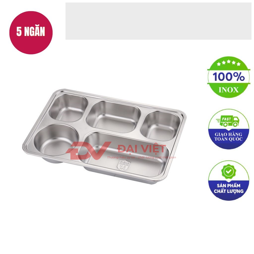 khay inox dung thuc an 5 ngan 33x23x35cm