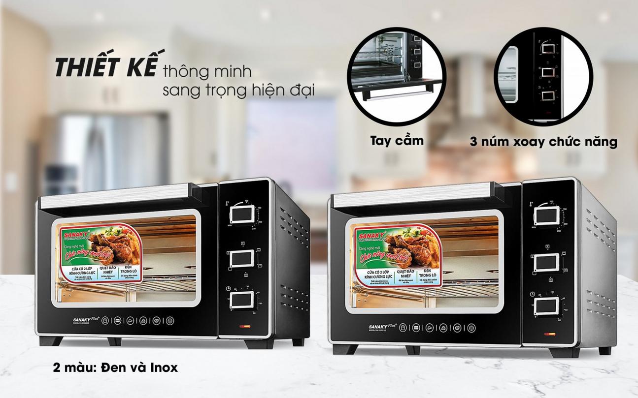 Thông số kỹ thuật chi tiết của Lò Nướng Sanaky VH-3599S2D/N2D thể hiện trên bảng hiệu phòng nền bếp Việt Nam