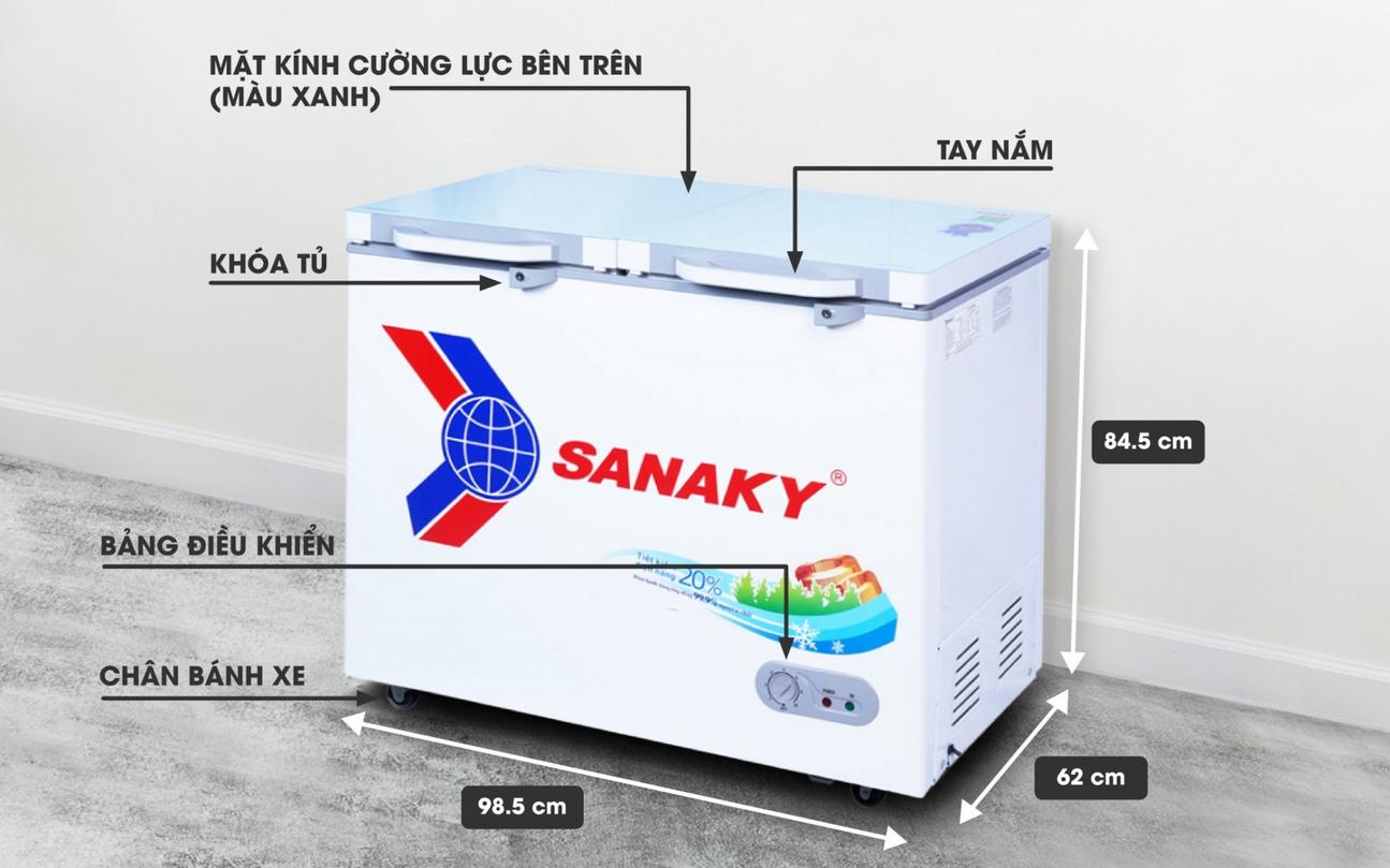 Tủ Đông Sanaky Mặt Kính Cường Lực Xanh Ngọc 250 lít VH-2599A2KD 1 ngăn dàn đồng