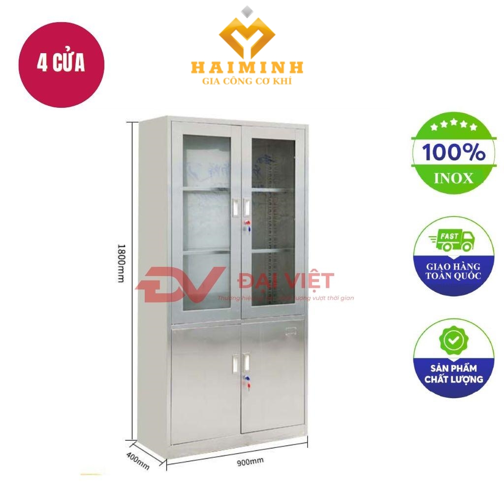 tủ hồ sơ inox 2 cửa kính 2 cửa inox 900x400x1800mm