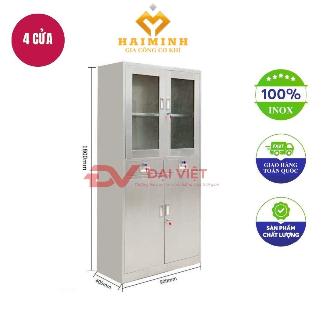 tủ hồ sơ inox 4 cửa 2 ngăn kéo 900x400x1800mm
