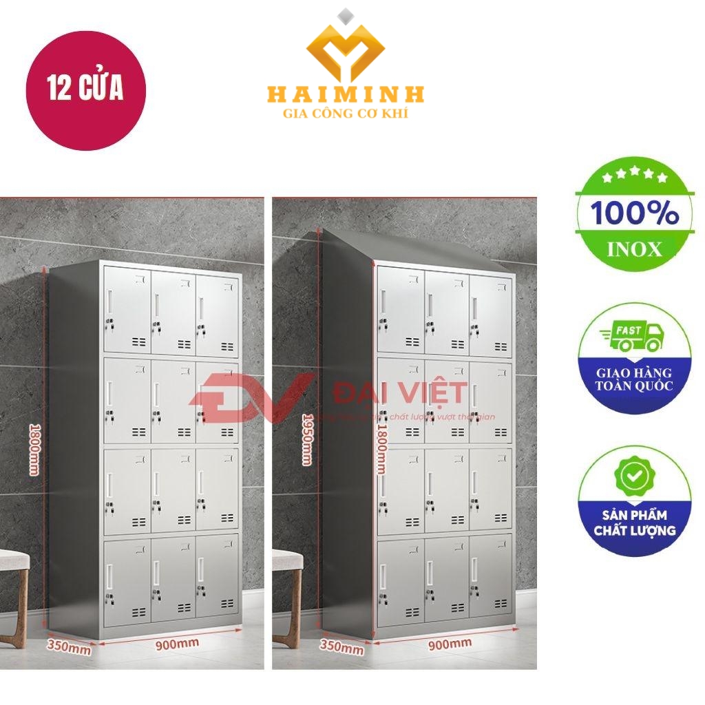 tủ quần áo inox 12 cửa mái xéo 1800x350x900mm