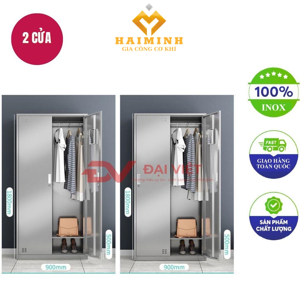 tủ quần áo inox 2 cửa 1800x900x500mm