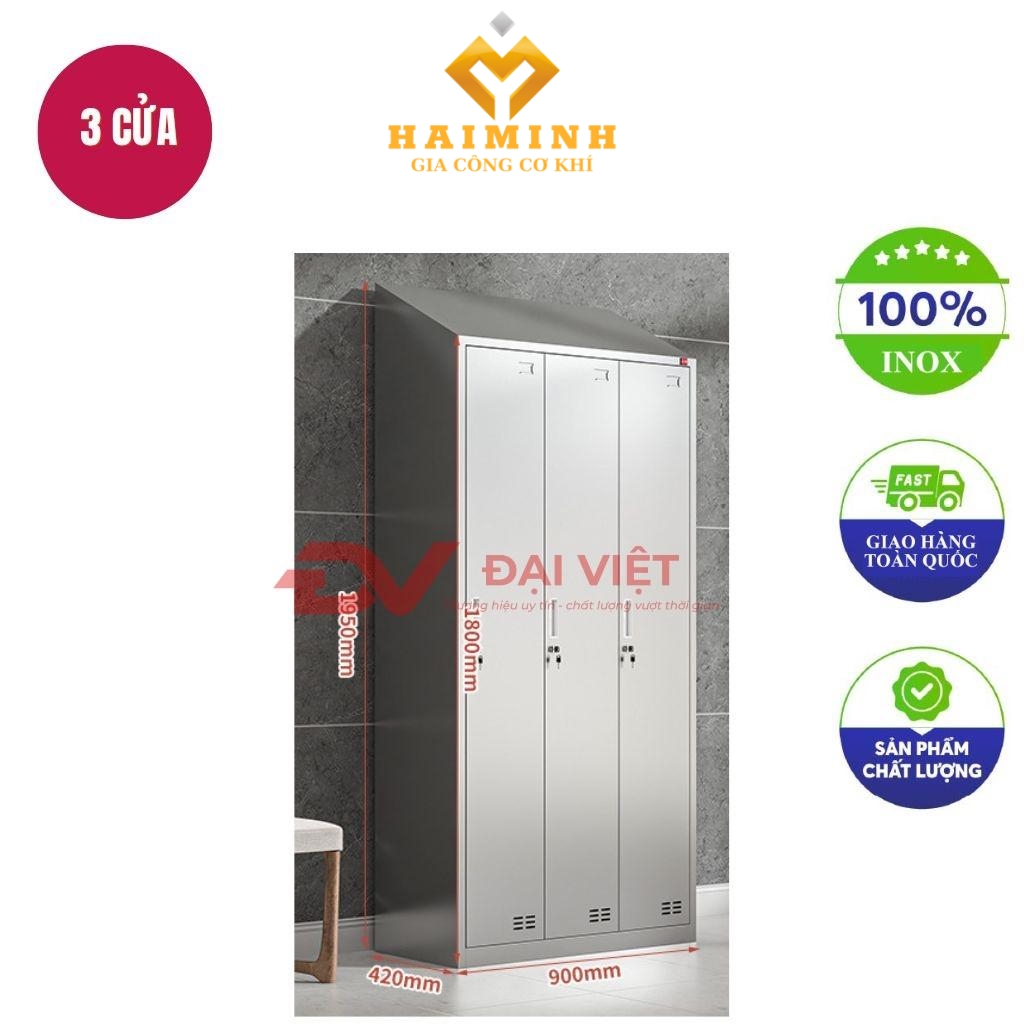 tủ quần áo inox 3 cửa mái xéo 1800x420x900mm