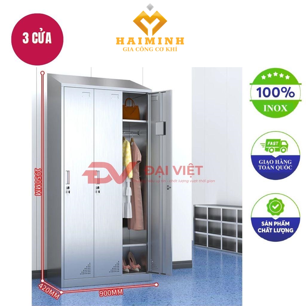 tủ quần áo inox 3 cửa mái xéo 1950x420x900mm