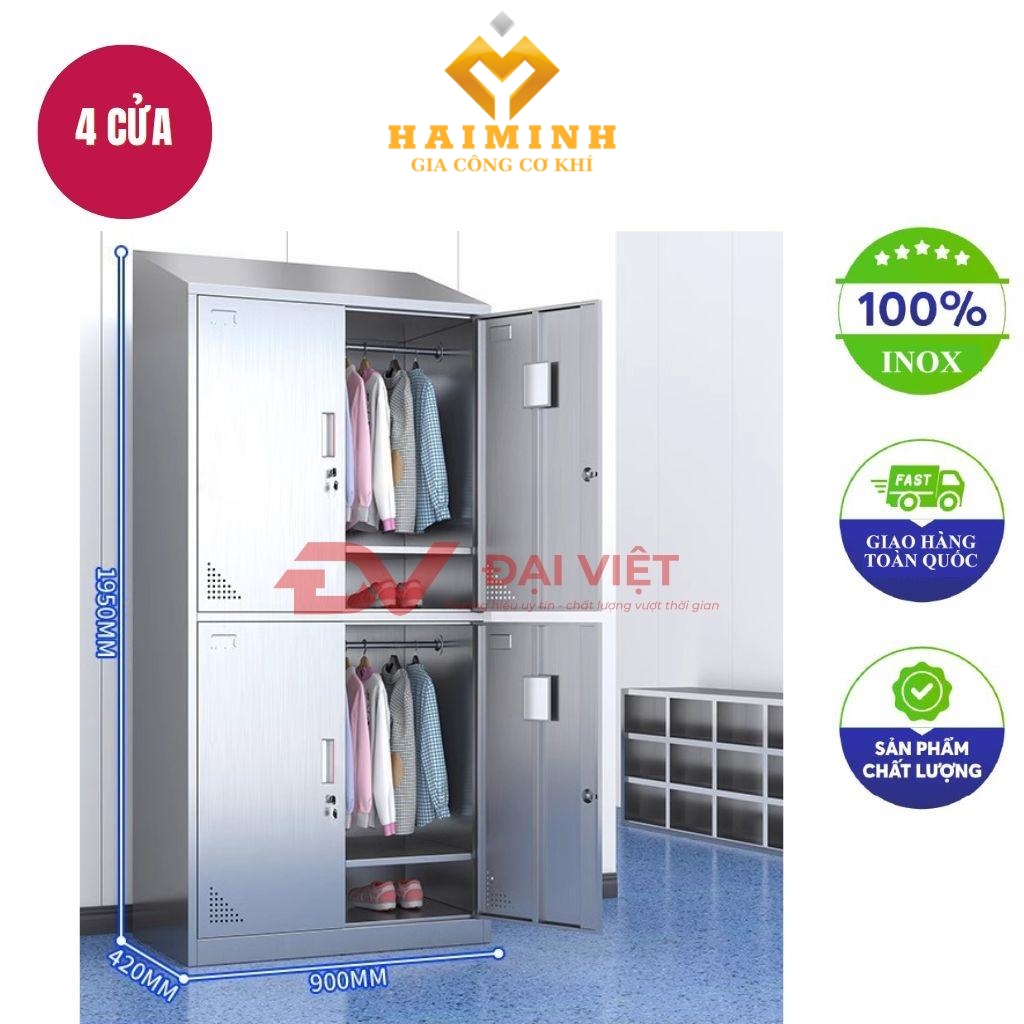 tủ quần áo inox 4 cửa mái xéo 1950x420x900mm