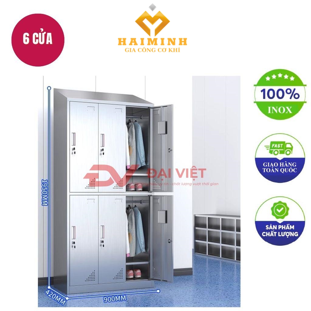 tủ quần áo inox 6 cửa mái xéo 1950x420x900mm