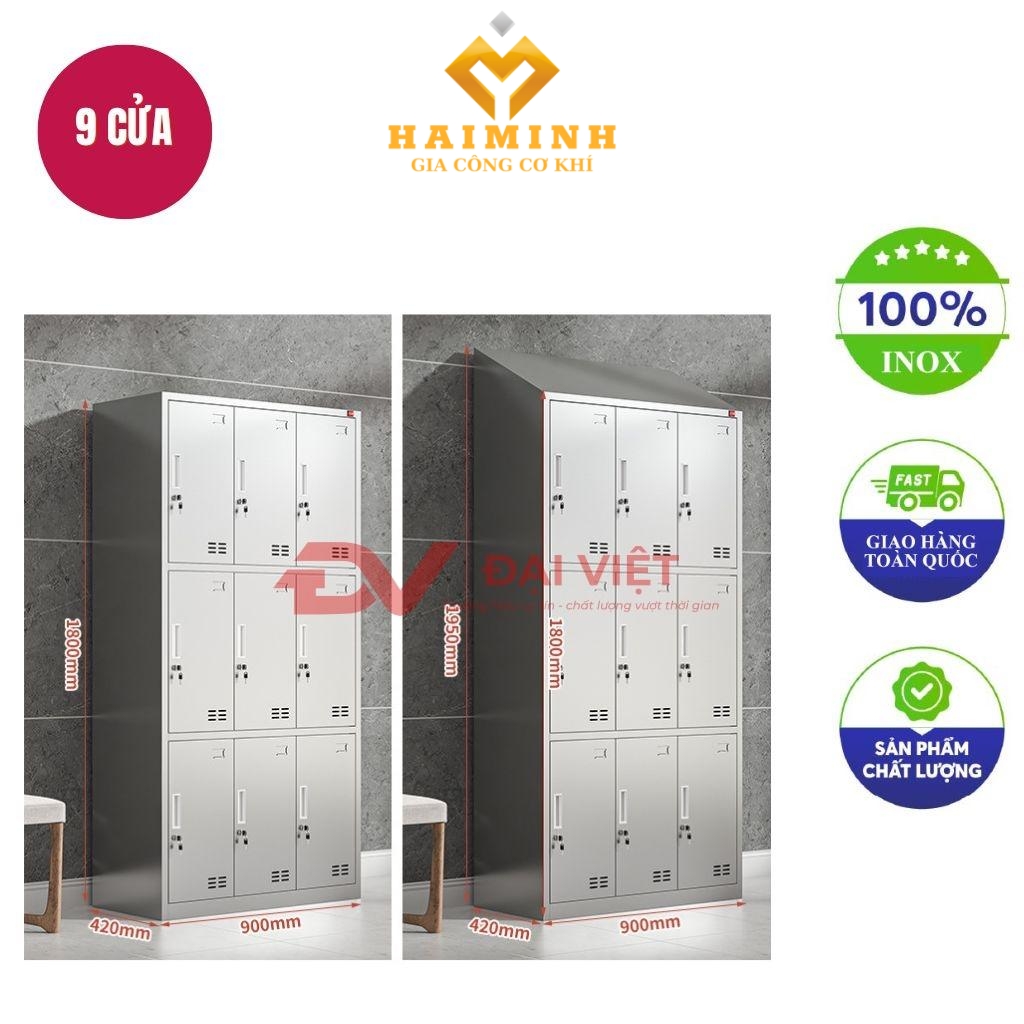 tủ quần áo inox 9 cửa mái xéo 1800x420x900mm