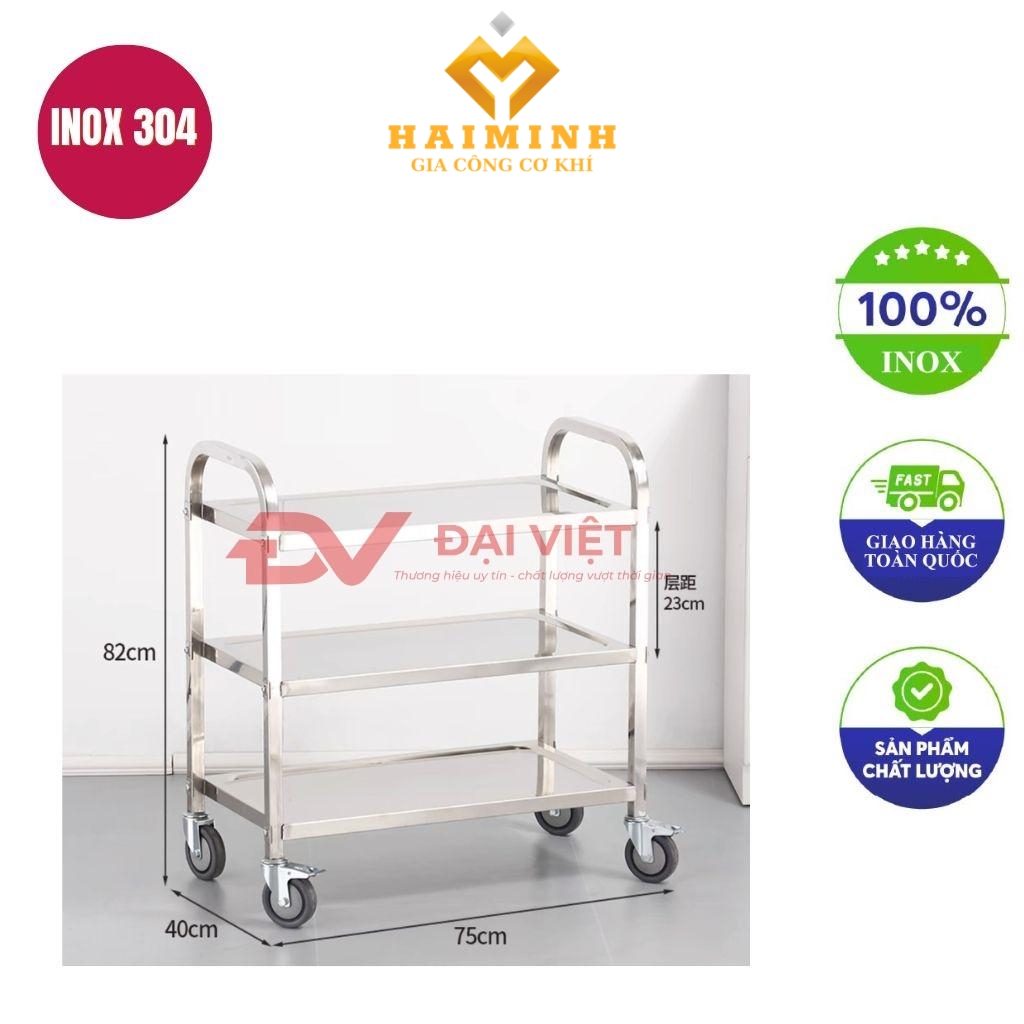 xe đẩy đồ ăn nhà hàng 3 tầng 750x400x820mm