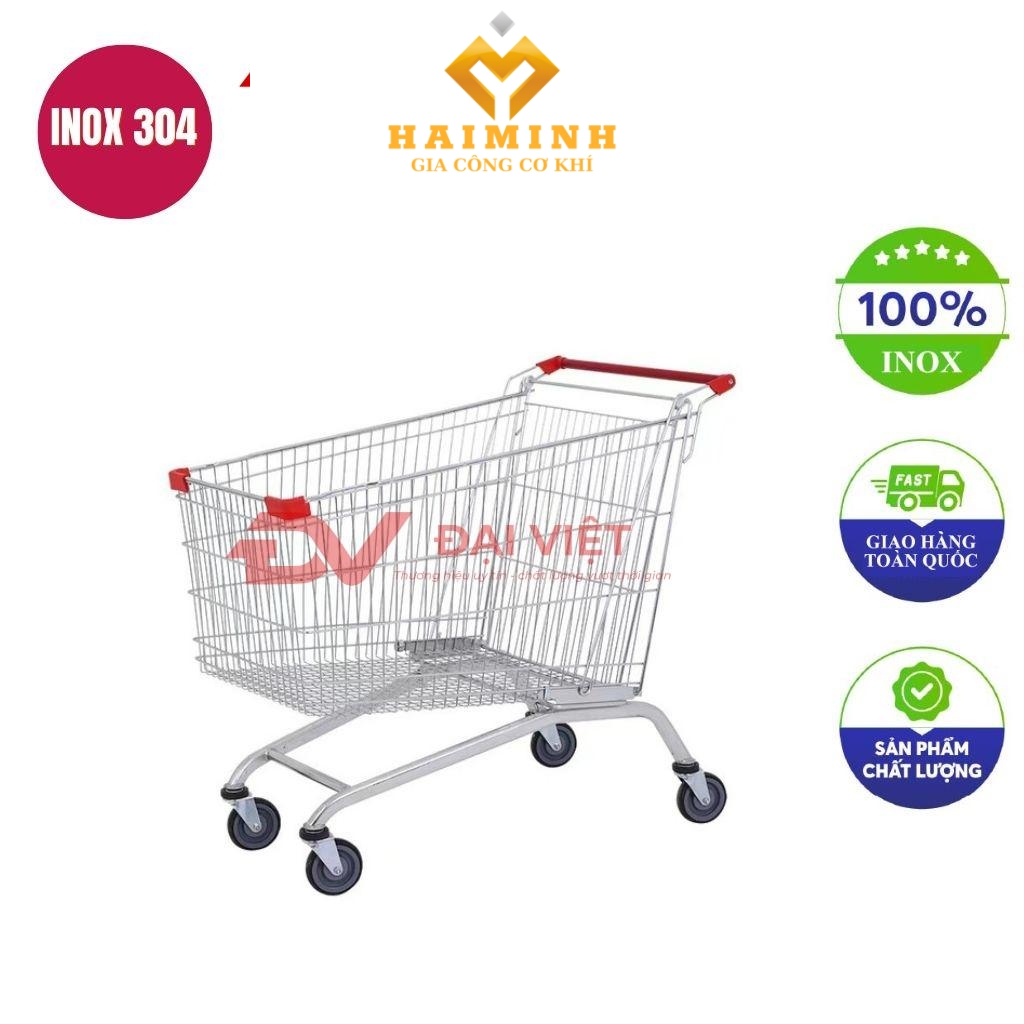 Xe đẩy hàng siêu thị 125L inox 304 màu bạc hoạt động trong siêu thị hiện đại