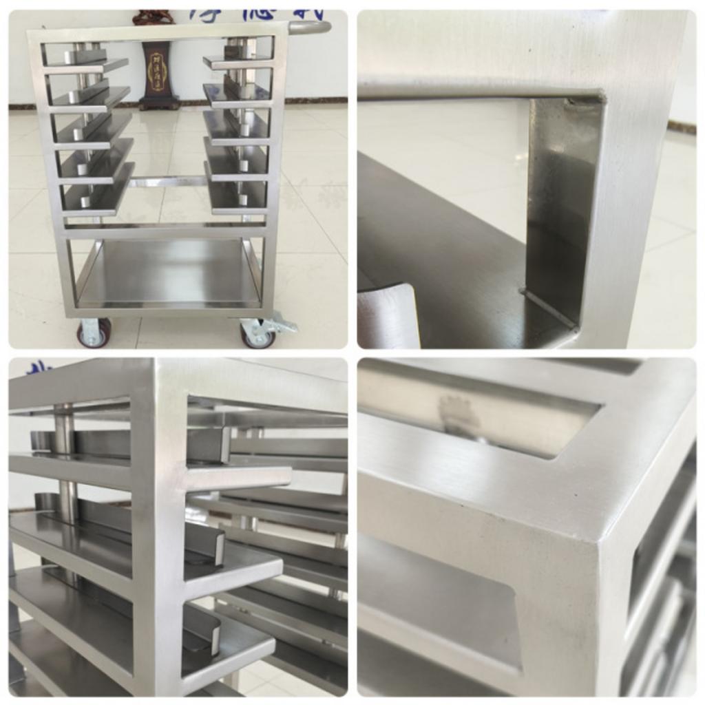 Xe đẩy inox 5 tầng với bánh xe khóa và tay cầm chắc chắn
