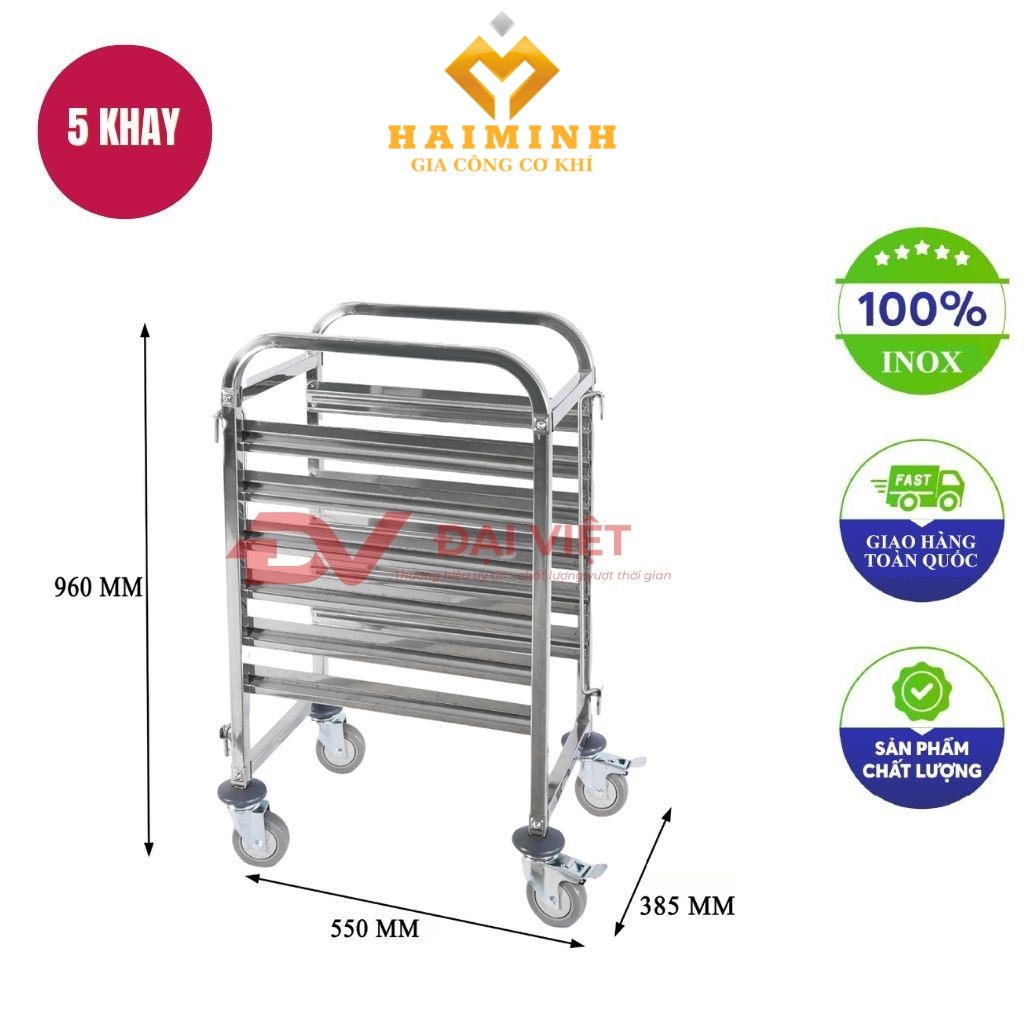 Xe đẩy khay cơm inox 5 tầng 550x385x960mm