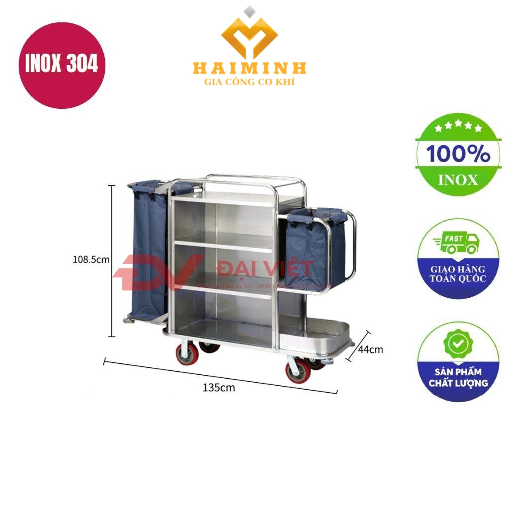 xe dọn phòng khách sạn inox 1350x440x1080mm