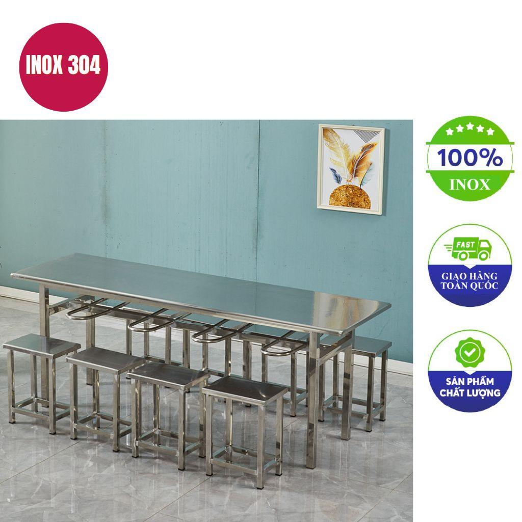 Bàn ăn công nghiệp inox 8 ghế 120x140x75cm