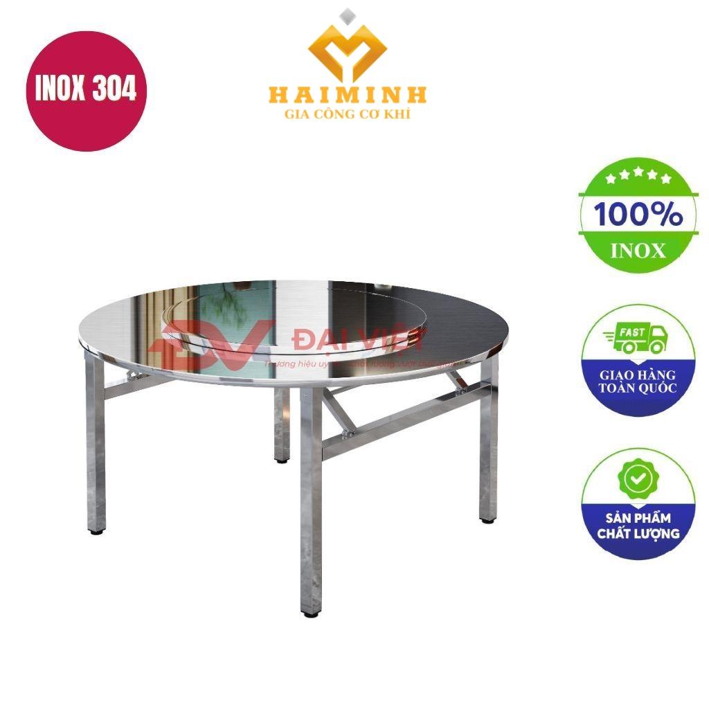 bàn inox tròn 2 tầng có mâm xoay 130x72cm