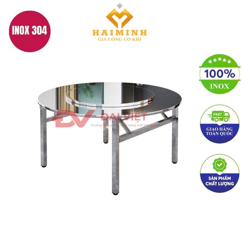bàn inox tròn 2 tầng có mâm xoay 160x72cm