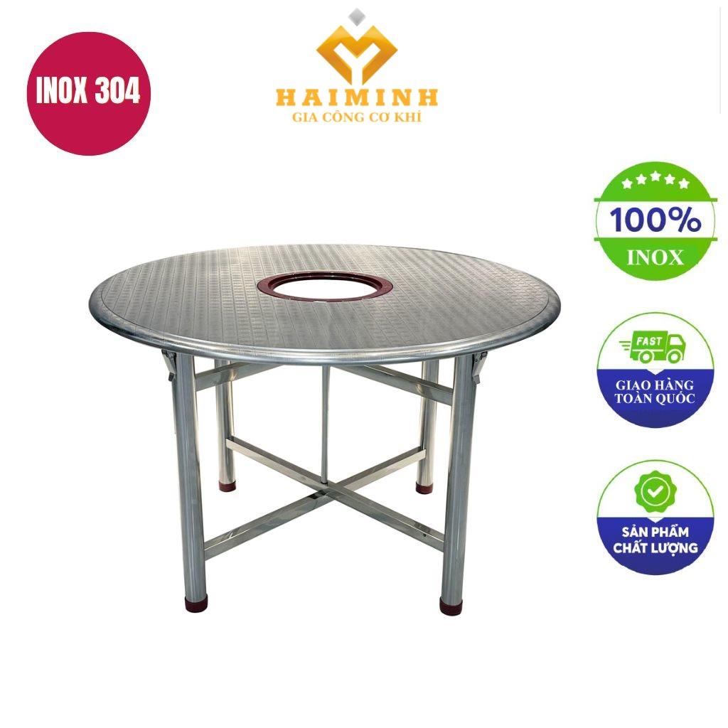 bàn inox tròn xếp gọn có lỗ 120x75cm