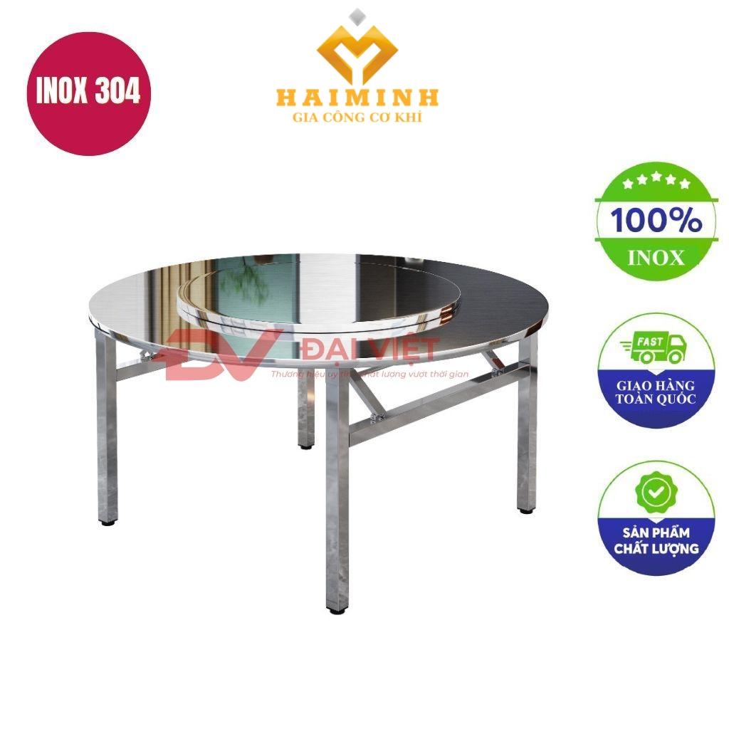 bàn inox tròn xoay 2 tầng 136x72cm