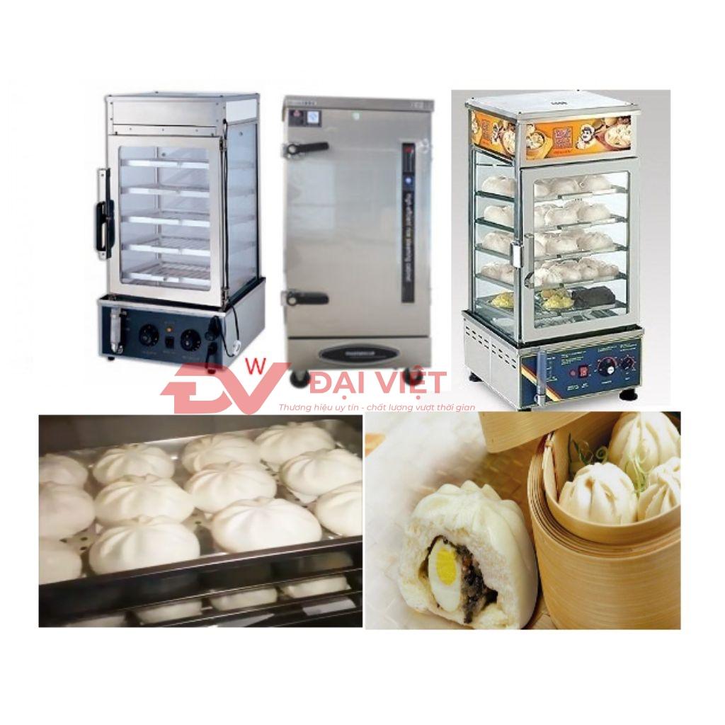 Cận cảnh bảng điều khiển của tủ hấp bánh bao với núm chỉnh nhiệt độ và hẹn giờ.
