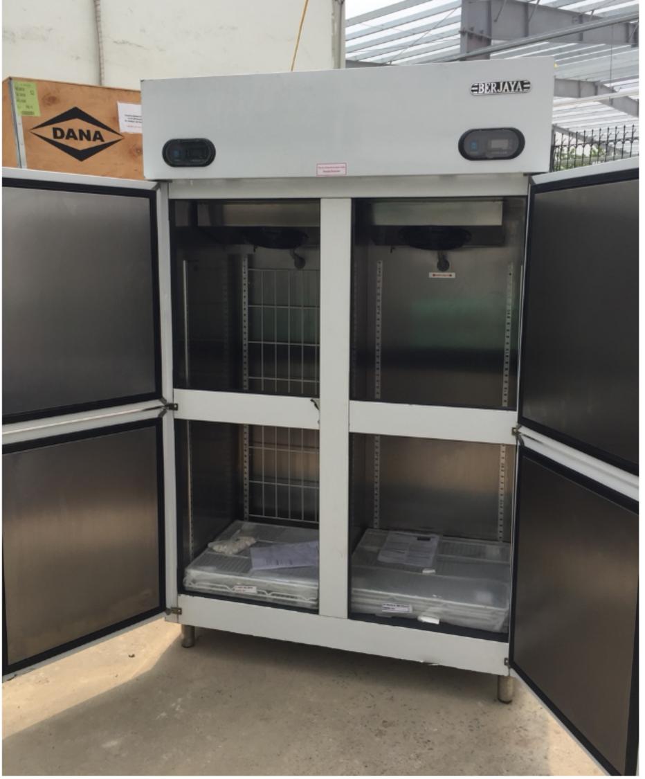 Kỹ thuật viên đang thực hiện bảo trì định kỳ cho hệ thống làm lạnh của tủ.