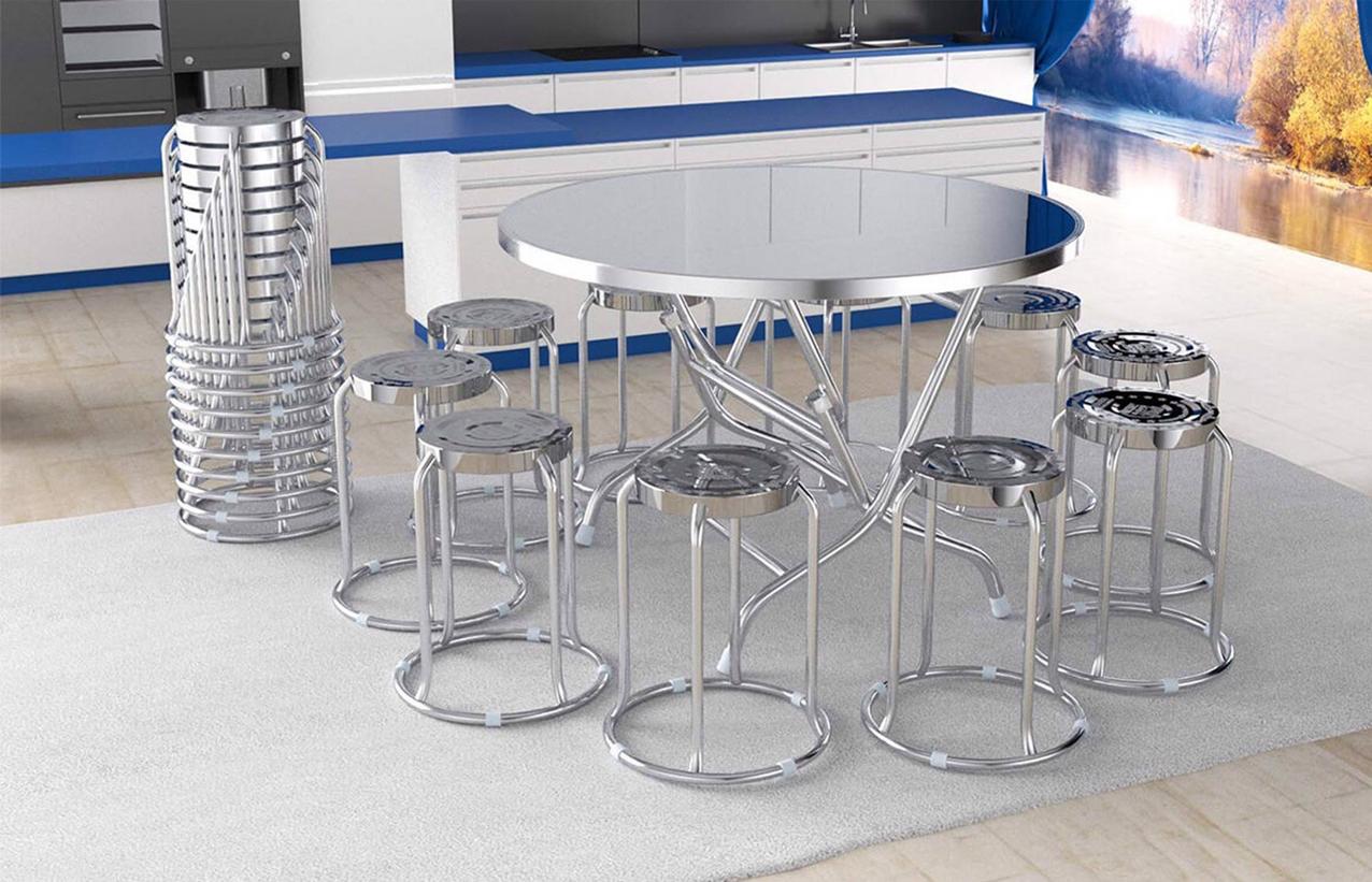 Đa dạng các loại bàn ghế inox từ tròn, chữ nhật đến ghế đôn, ghế tựa lưng.