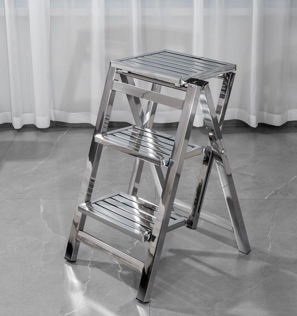 Bộ sưu tập hình ảnh các loại thang inox: thang ghế, thang rút chữ A, thang rút đơn, và thang công nghiệp có bánh xe.