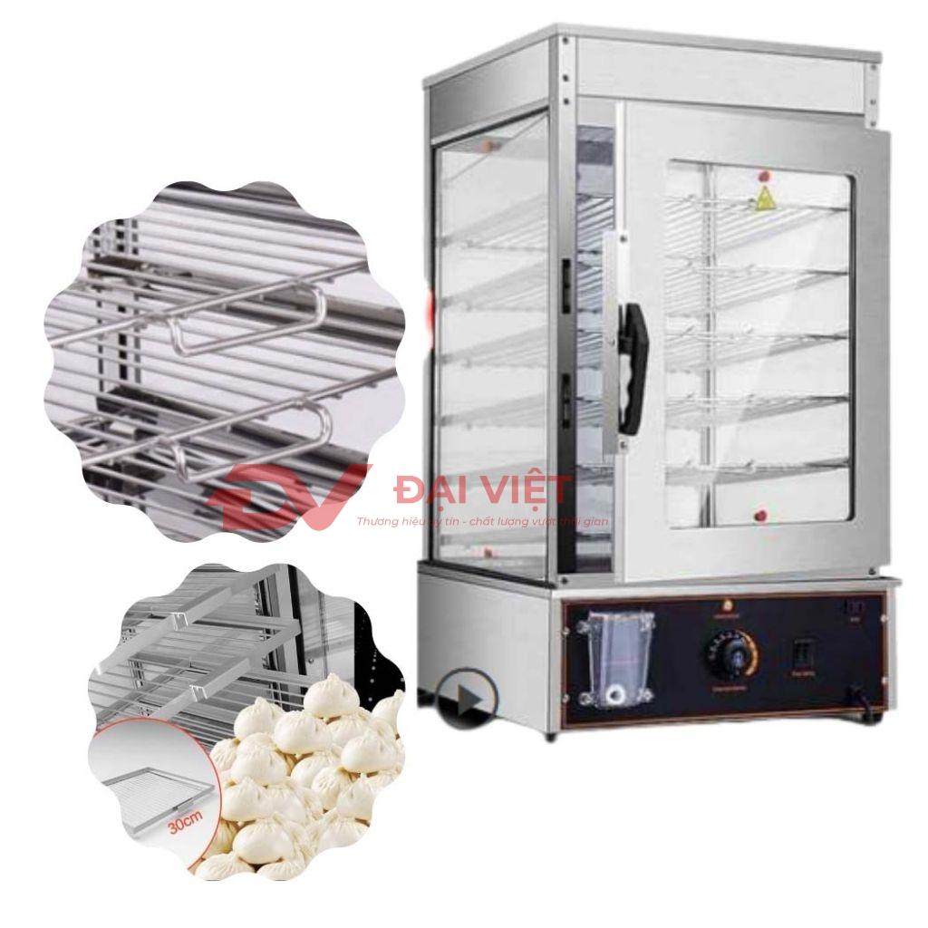 Hình ảnh zestaw các loại tủ hấp bánh bao: mini để bàn, tủ trưng bày kính và tủ công nghiệp nhiều khay.