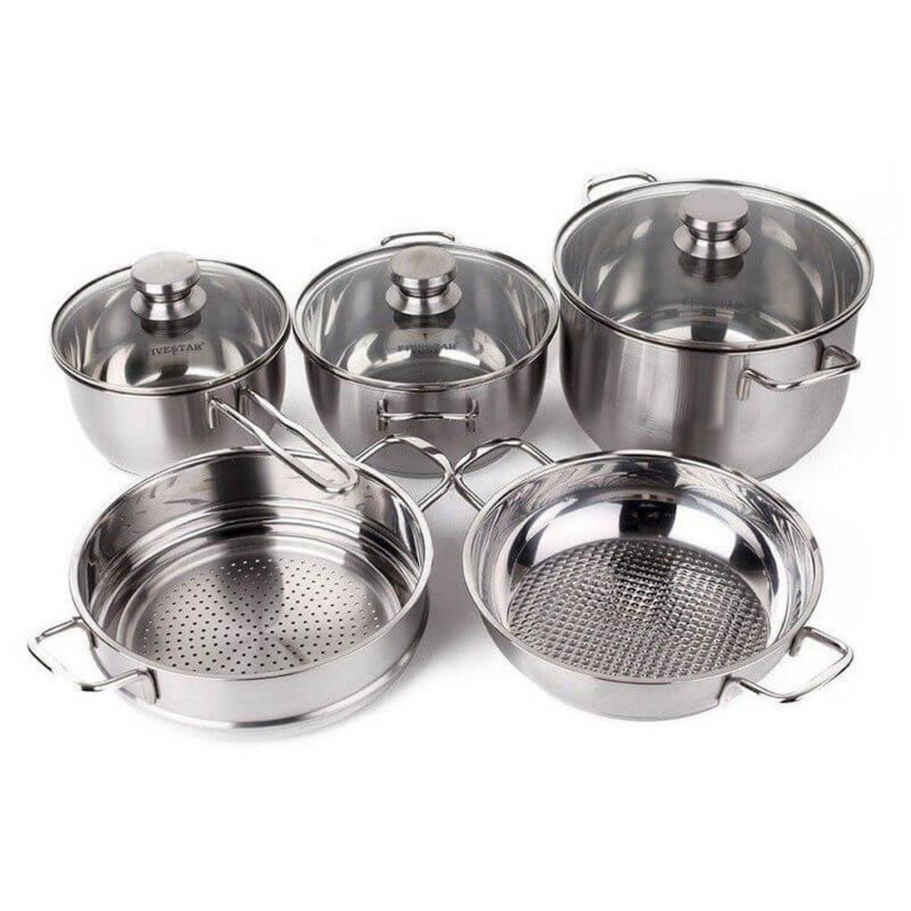 Mặt cắt mô tả cấu trúc 5 lớp (inox-nhôm-nhôm-nhôm-inox) của đáy nồi bếp từ cao cấp.