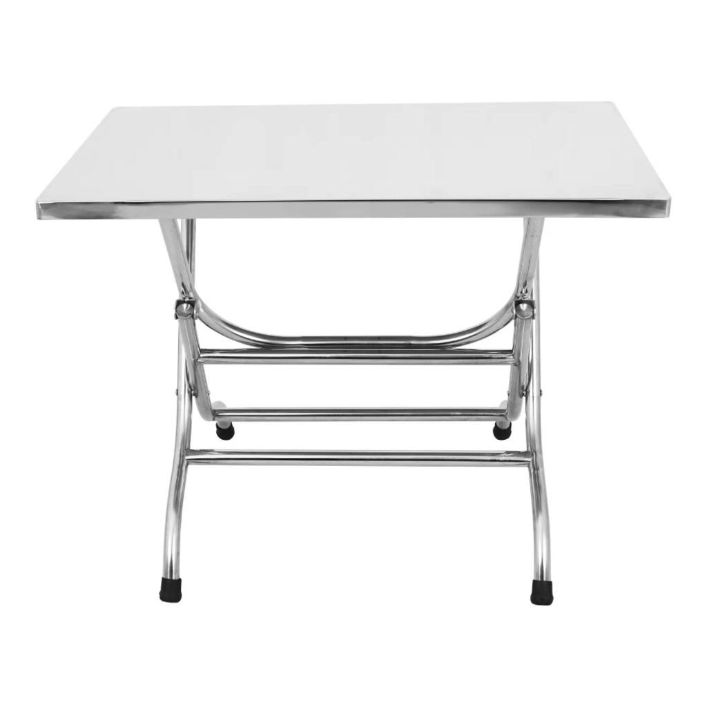 Cơ cấu khóa gập an toàn và chân đế cao su chống trượt trên bàn xếp inox cao cấp.