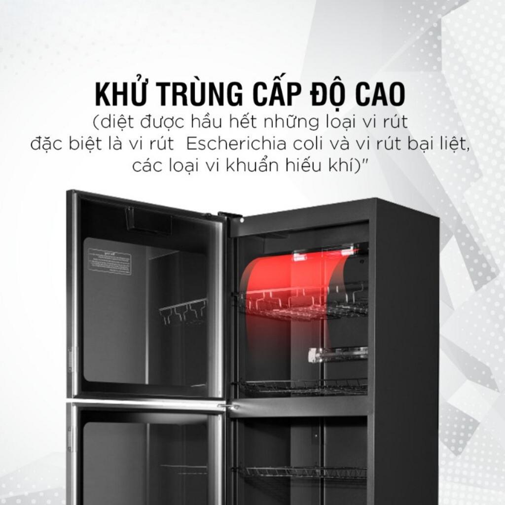 Tem chứng nhận chất liệu Inox 304 và tiêu chuẩn an toàn điện trên tủ sấy bát.