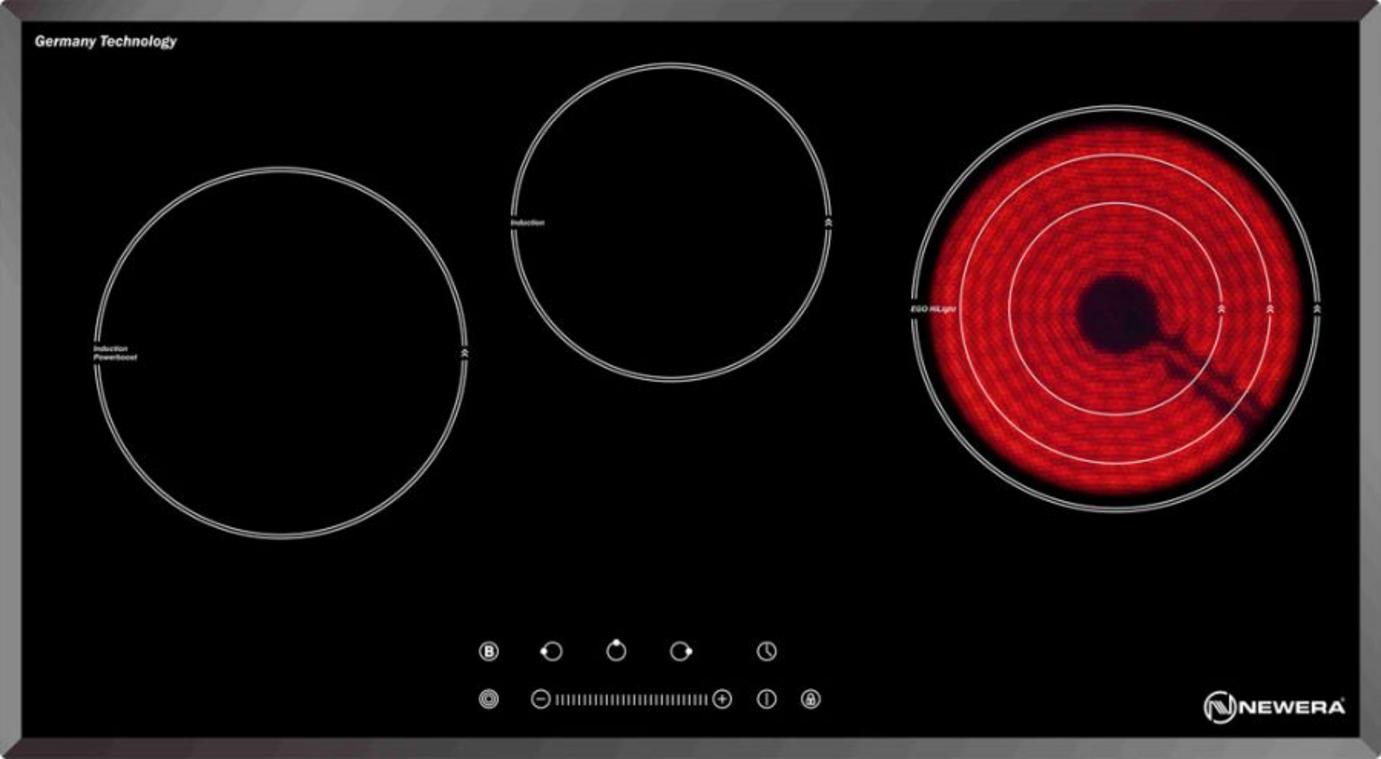 Cận cảnh mâm nhiệt E.G.O và mặt kính Schott Ceran, hai linh kiện quyết định chất lượng bếp hồng ngoại.